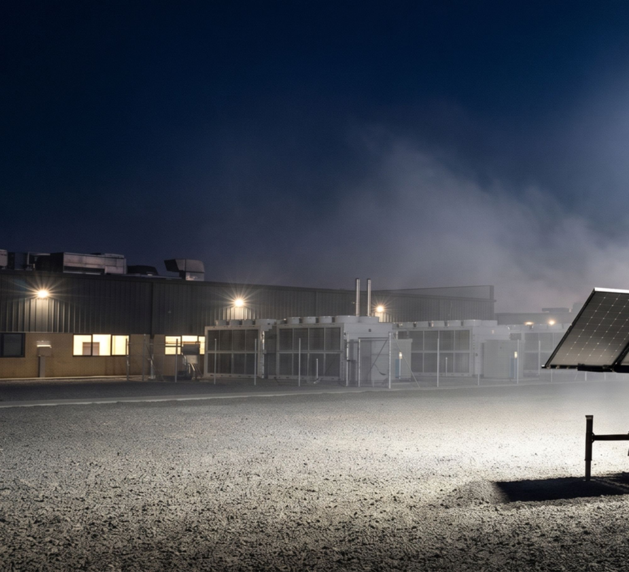 A data centre perimeter at night